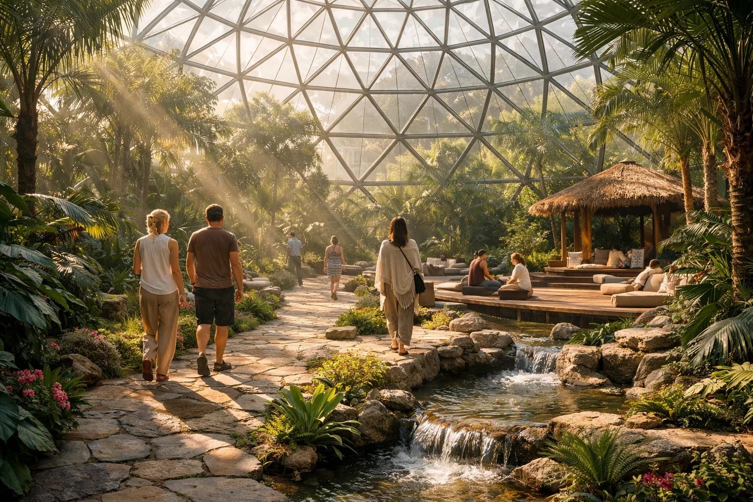 Inside the botanical atrium, morning light through the dome