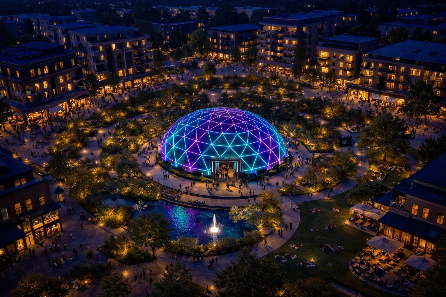 The dome illuminated at dusk within the Brookhill plaza