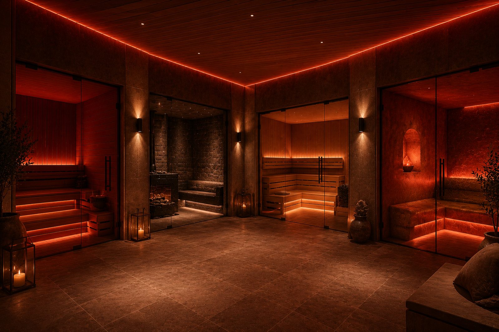 Fire Satellite &mdash; sauna suite with warm ember lighting