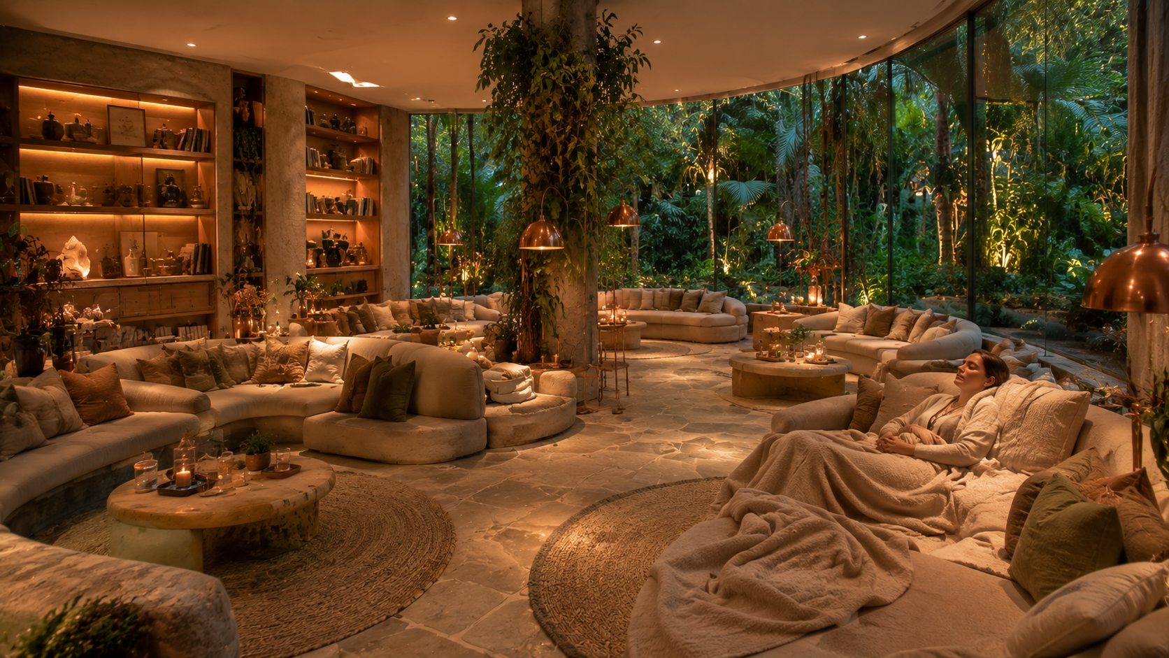 A member resting in the Integration Lounge overlooking the gardens