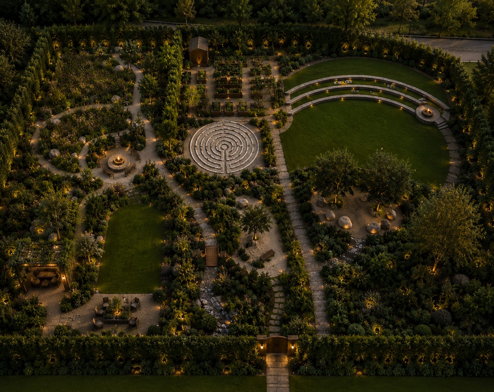 Aerial view of the Oasis grounds: labyrinth, meditation garden, herb garden, and amphitheater lawn