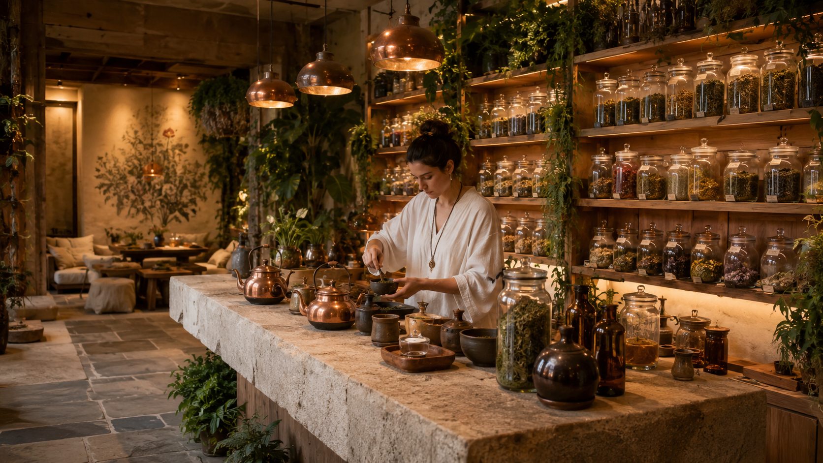 A tea guide formulating a blend at the Tea Lounge apothecary counter